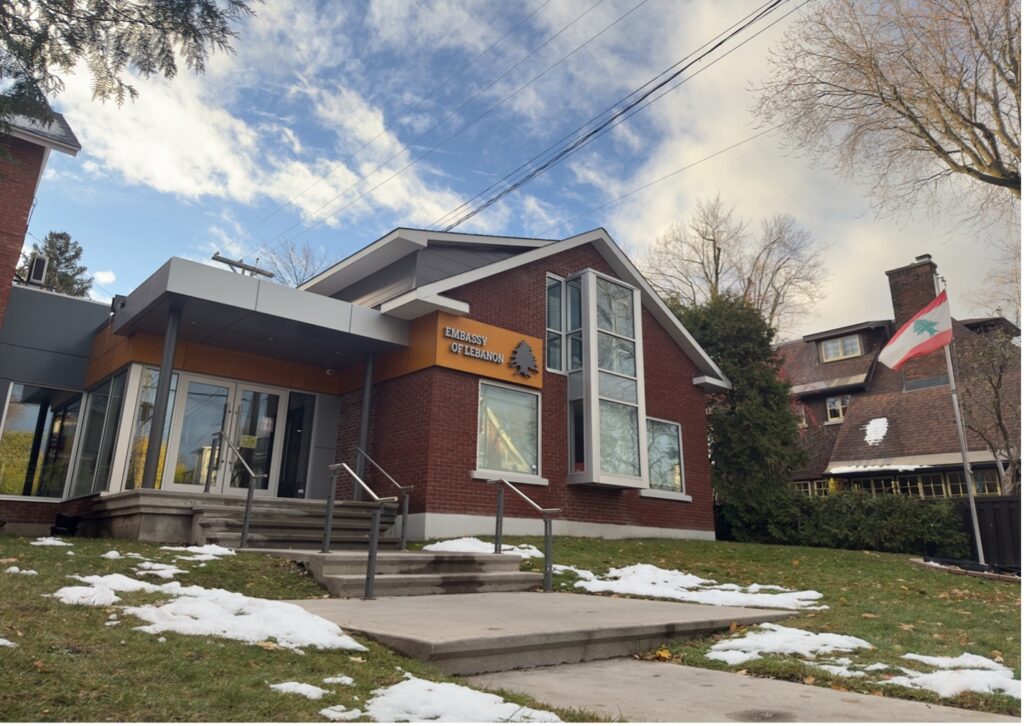 The lawn outside the Embassy of Lebanon in Ottawa’s Glebe neighbourhood shows traces of snow after an early November storm. Next spring, hundreds of Lebanese-Canadian residents of Ottawa could be lining up at the building to cast their ballots in what’s expected to be a historic Lebanese general election. [Photo © Celine Mousleh]