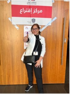 Cristine Kahil, founding member of the Lebanese Diaspora Exchange, shows her inked thumb after voting in Toronto in the 2022 elections. [Photo courtesy Cristine Kahil]